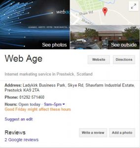Web Age Google My Business Listing Knowledge Box